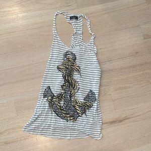 Lauren Moshi Striped Racerback Tank with Gold Anchor Graphic